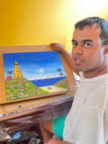 Lighthouse By The Beach - 16 x 20” ( Framed)